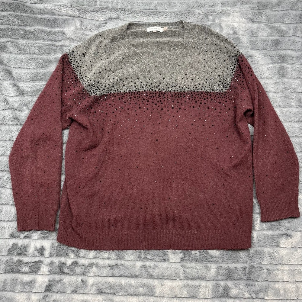 Calvin Klein Womens XL Gray Burgundy Rhinestone Colorblock V-Neck Sweater 8797